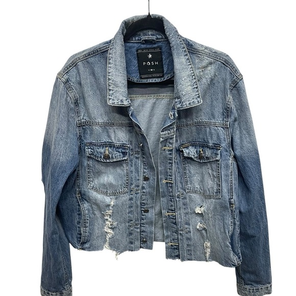 Posh New York men’s distressed grunge cropped jean jacket punk size large - Picture 1 of 10